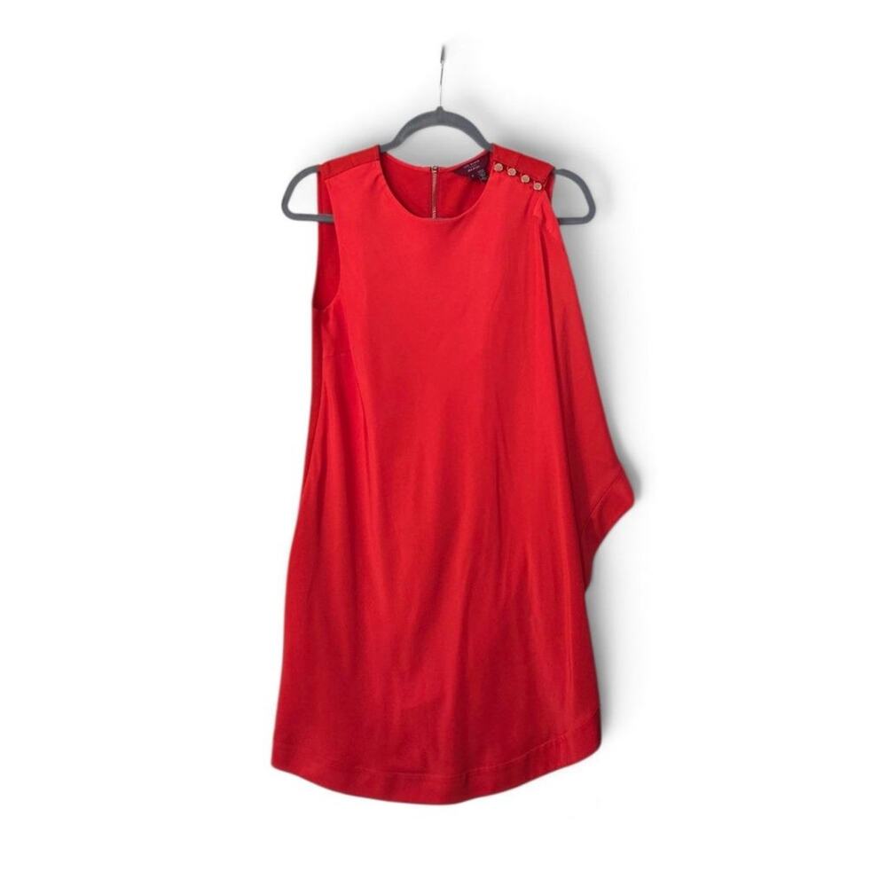 Ted Baker London Red Sleeveless Asymmetric Cape Dress Rose Gold Buttons Size 6
